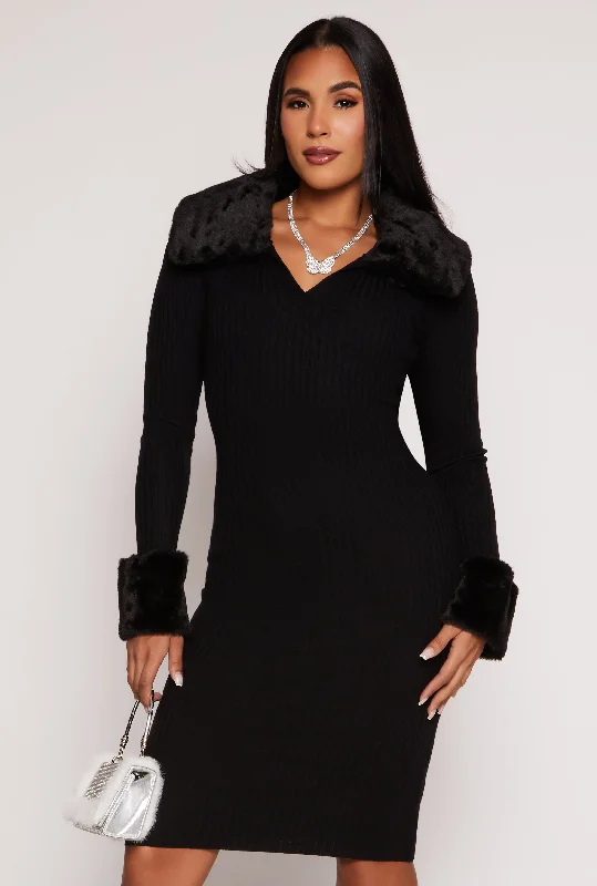 Almost Famous Faux Fur Collar Midi Dress