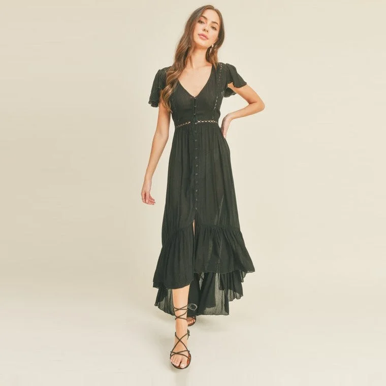 Button-Front High-Low Midi Dress (Black)