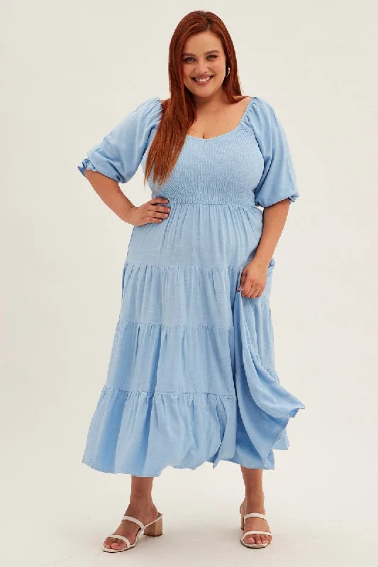 Blue Midi Dress Puff Sleeve V-neck Shirred Linen Blend