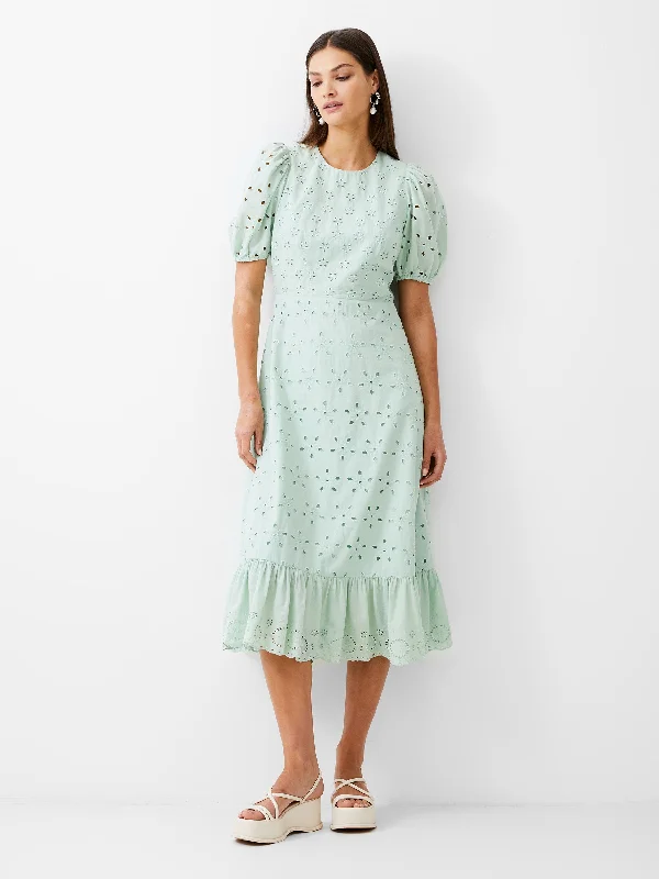 Broderie Tiered Midi Dress Stylish Long Sleeve Floral Midi Dress