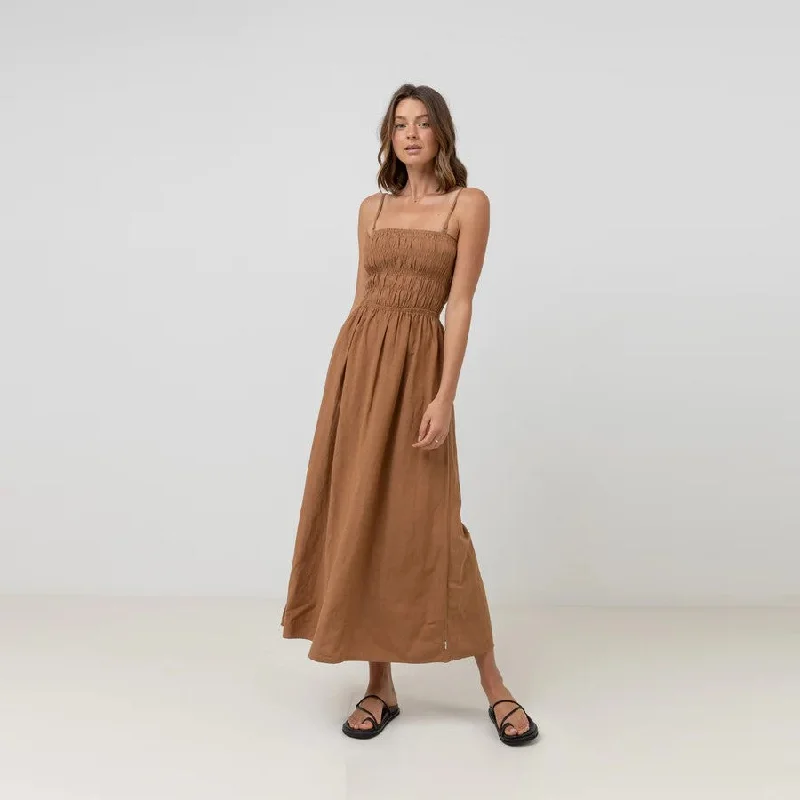 Classic Shirred Midi Dress (Caramel)