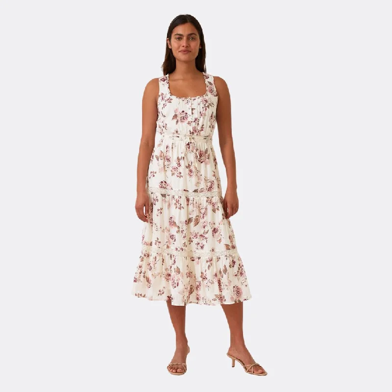 Floral Lace Sleeveless Tiered Midi Dress (Natural + Dusty Wine)