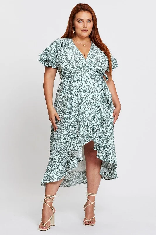 Geo Print Midi Dress Short Sleeve Ruffle Hem