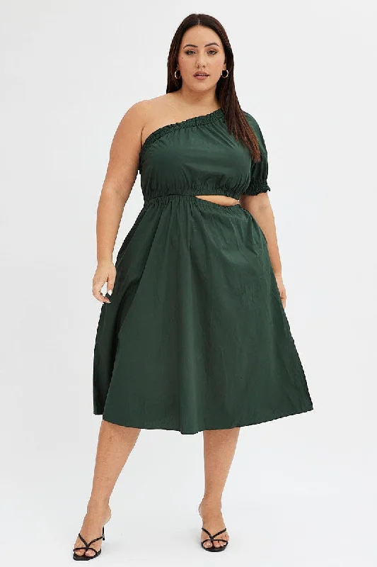 Green Midi Dress One Sleeve With Pockets Cotton