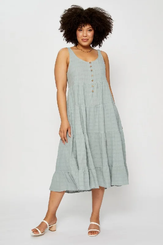 Green Midi Dress Square Neck Sleeveless Button