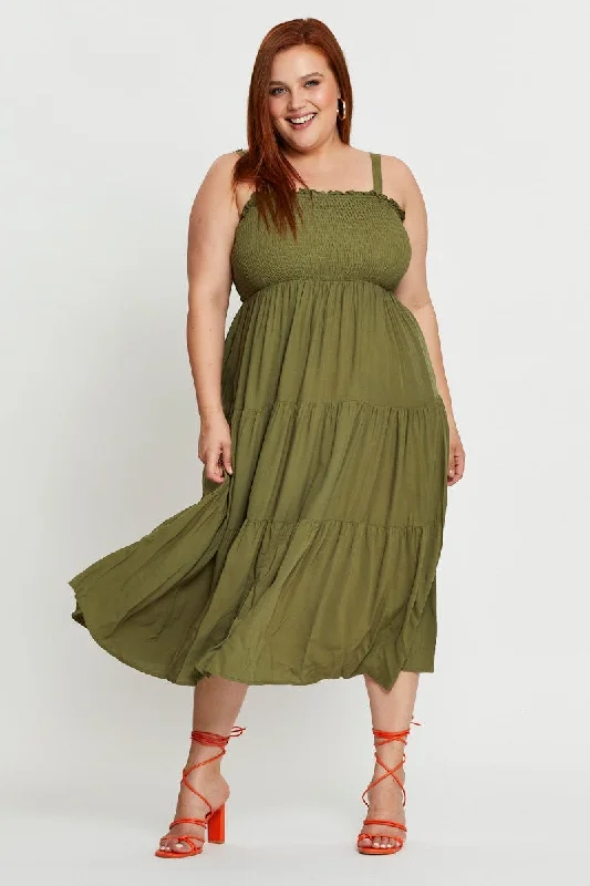 Green Midi Dress Square Neck Sleeveless