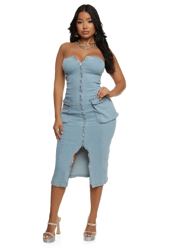 Daisy Denim Zip Front Cargo Pocket Midi Dress