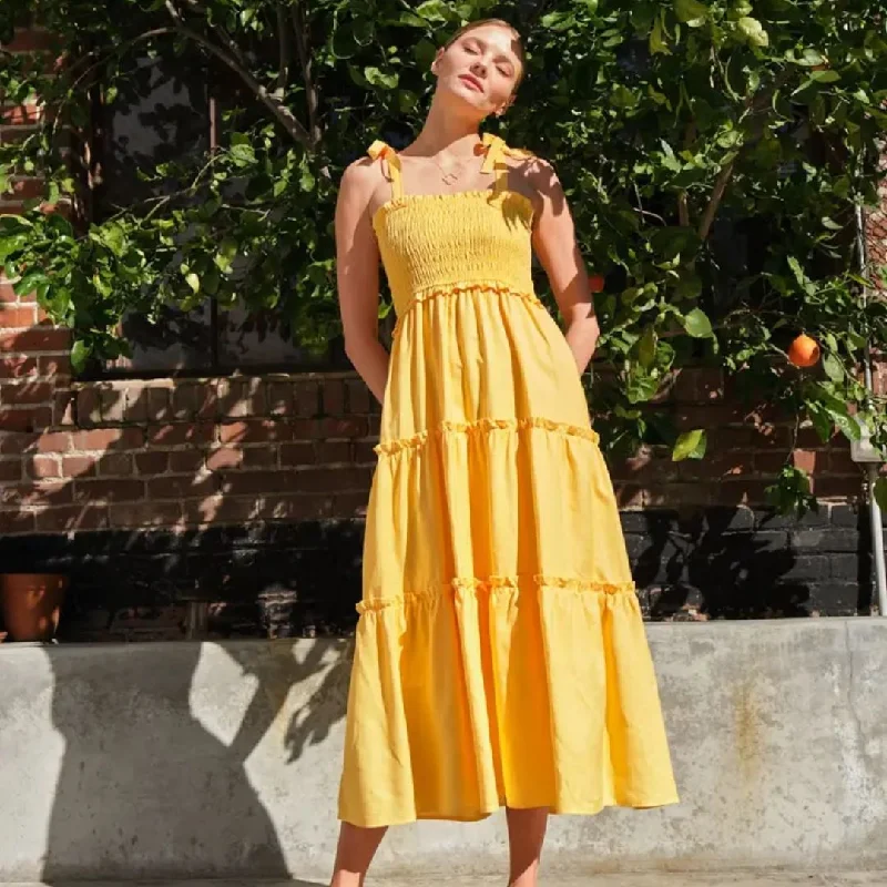 Linen Smocked Tier Midi Dress (Yellow)