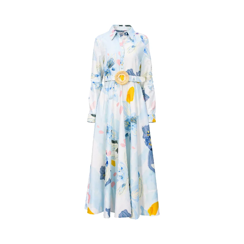Leo Lin Women's Zara Shirt Midi Dress Tranquility Print Elegant Puff Sleeve Midi Dress