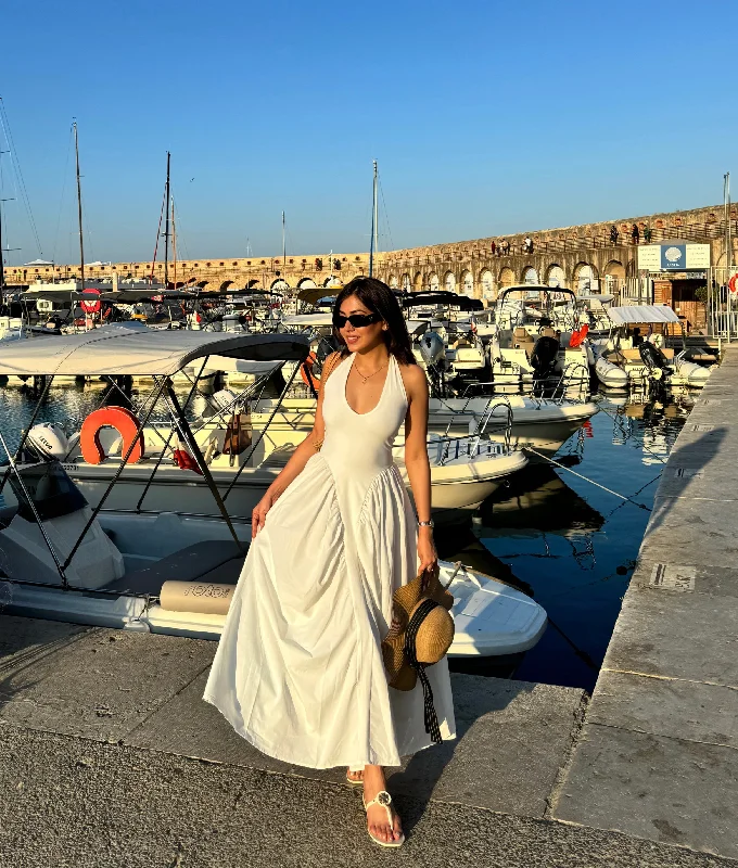 Maira Drop Waist Midi Dress in White Comfortable Adjustable Strap Midi Dress