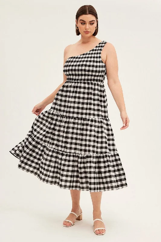 Multi Check Midi Dress One Shoulder Shirred Gingham Check