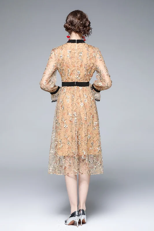 Pale orange Evening Lace Ruffled A-line Crewneck Long Sleeve Midi Dress Trendy Ruffle Hem Midi Dress