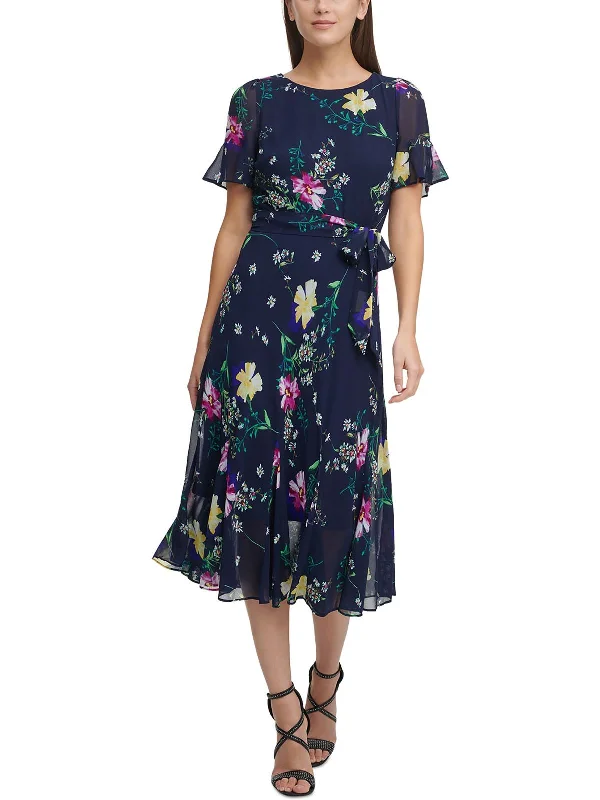 Petites Womens Floral Print Calf Midi Dress