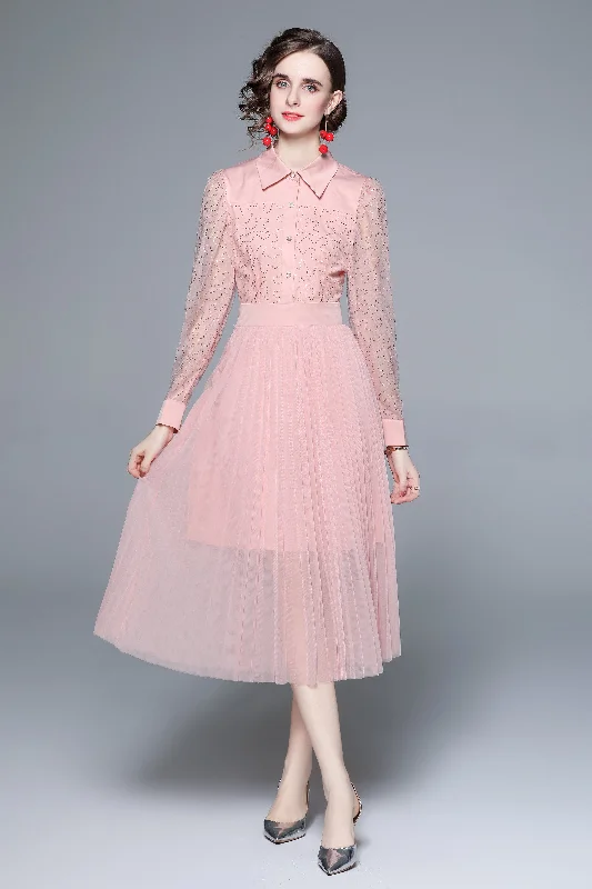 Pink Cocktail A-line Shirt Colar Long Sleeve Pleated Midi Dress Trendy Off-Shoulder Button Midi Dress Pink Cocktail A-line Shirt Colar Long Sleeve Pleated Midi Dress Trendy Off-Shoulder Button Midi Dress
