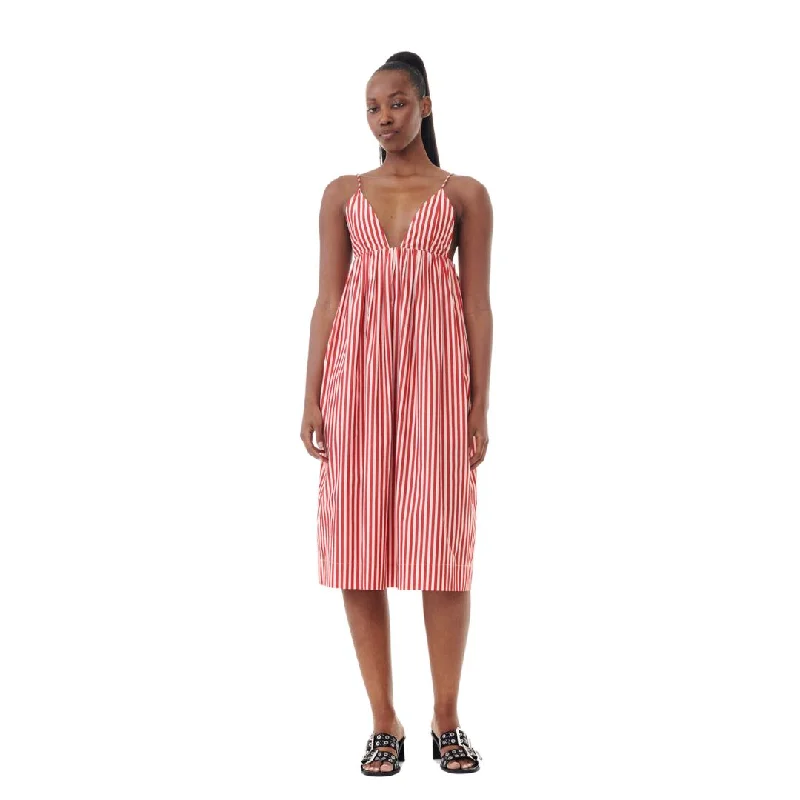 Stripe Cotton Strap Midi Dress (Barbados Cherry)