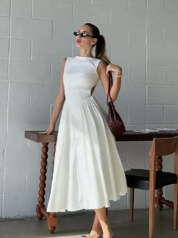 Selma A Line Midi Dress in White Stylish Midi Dress with Cuffs