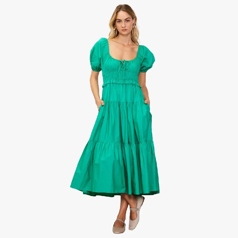 Short Puff Sleeve Tiered Midi Dress (Jade Green)