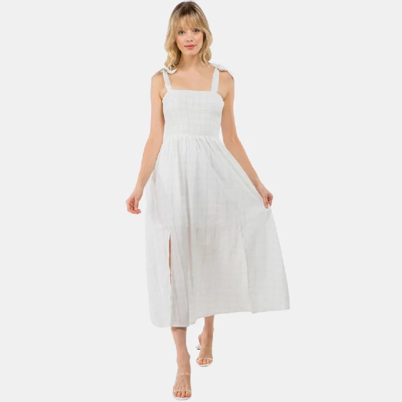 Sleeveless Smocked Midi Dress (Off White)