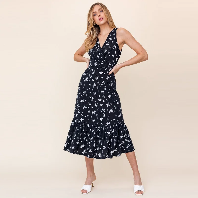 Sleeveless Wrap Midi Dress (Black Floral) Trendy Floral Wrap Midi Dress