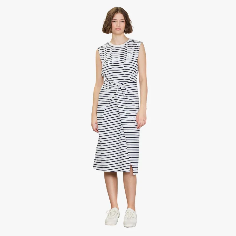 Striped Twisted Knot Midi Dress (White + Navy)