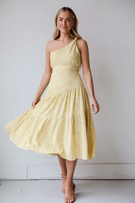 FINAL SALE - Sunshine Daydream Yellow One-Shoulder Tiered Midi Dress