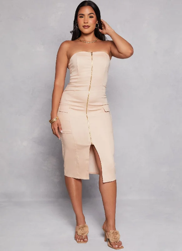 Haute Monde Strapless Zip Front Cargo Pocket Midi Dress