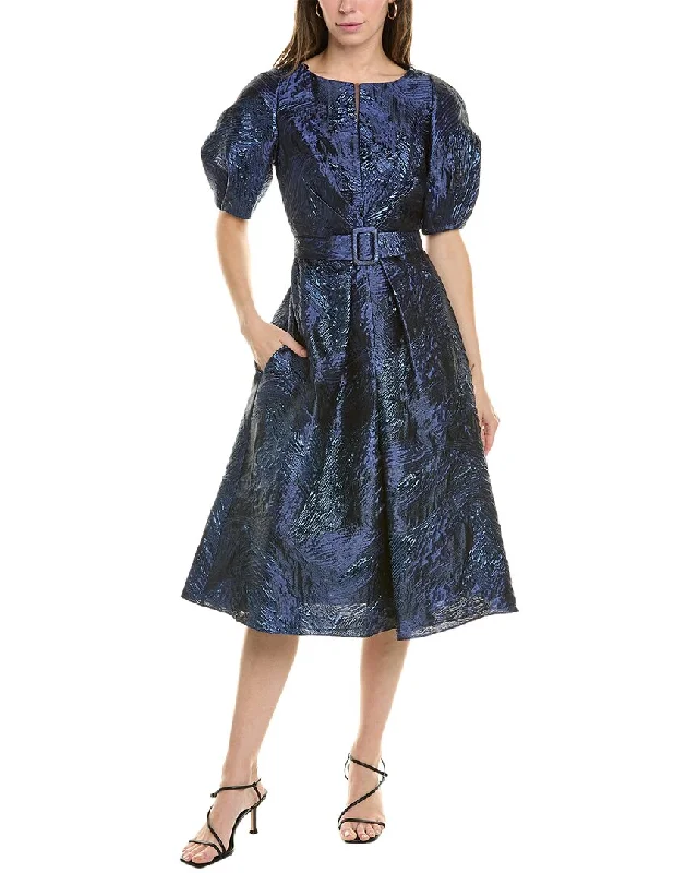 Teri Jon by Rickie Freeman Metallic Jacquard Midi Dress Fashionable High-Low Midi Dress