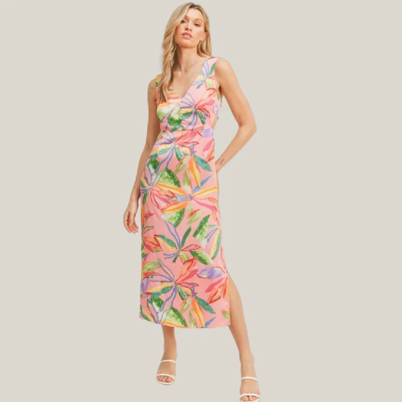 Tie Back Tropical Midi Dress (Pink Green Multi)