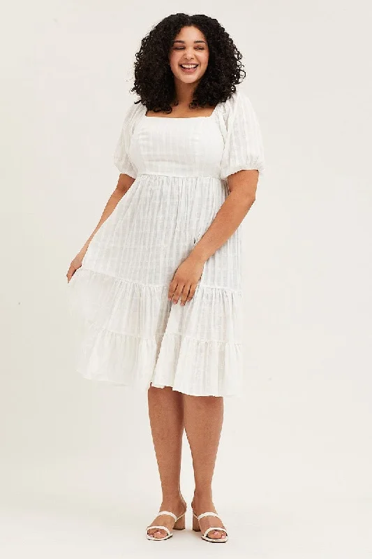 White Midi Dress Square Neck Short Sleeve