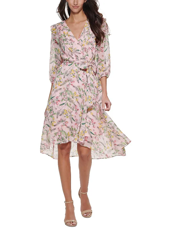 Womens Chiffon Faux-Wrap Midi Dress Stylish Color Block Midi Dress