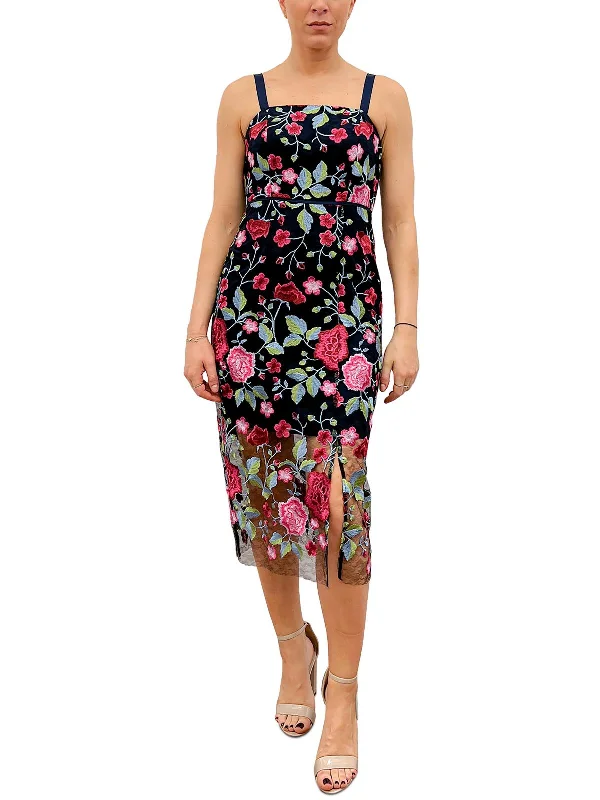 Womens Embroidered Mid-Calf Midi Dress Chic Floral Print Midi Dress