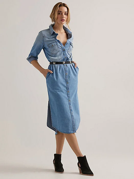 Womens Retro Long Sleeve Denim Midi Dress - Blue Denim Elegant Puff Sleeve Midi Dress Womens Retro Long Sleeve Denim Midi Dress - Blue Denim Elegant Puff Sleeve Midi Dress