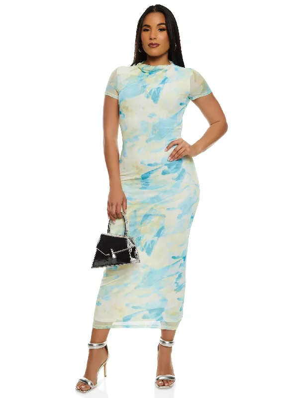 Iris Mesh Printed Short Sleeve Midi Dress