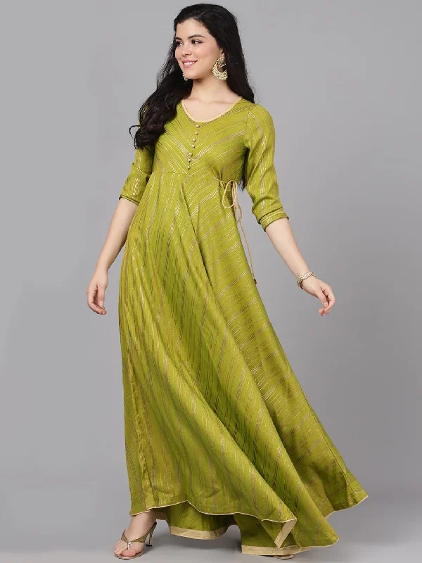 Women's  Green & Gold-Toned Striped Maxi Dress - AKS