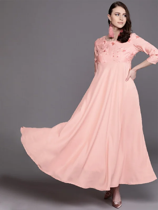 Women's  Pink Printed Detail Satin Finish Empire Maxi Dress - AKS