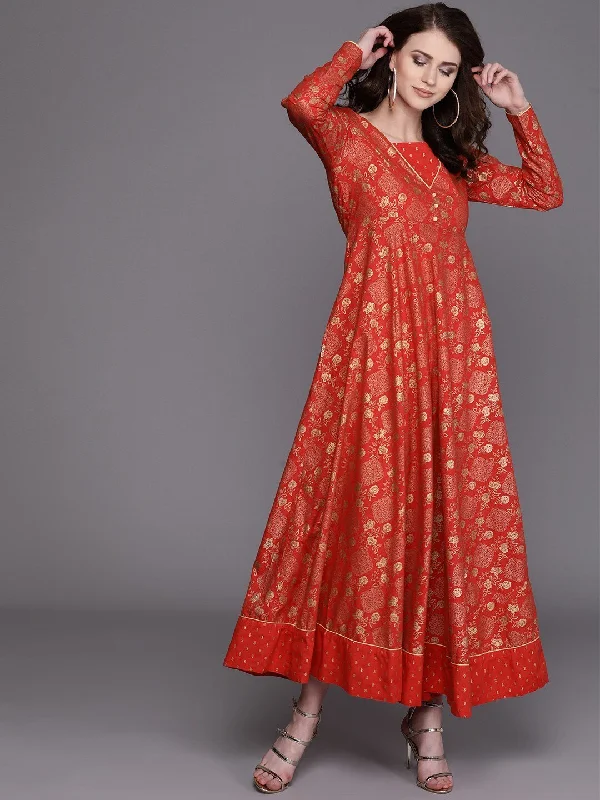 Women's  Red & Golden Printed Maxi Dress - AKS