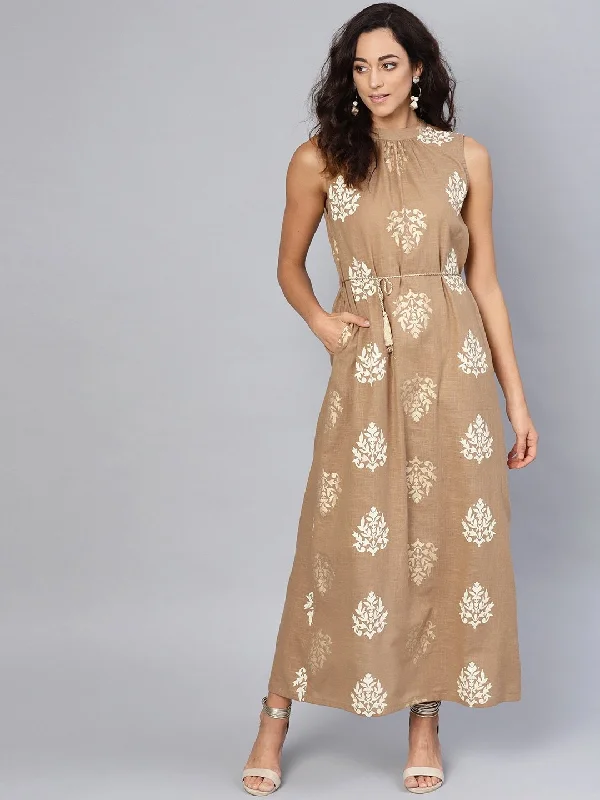 Women's  Beige & Off-White Printed Maxi Dress - AKS