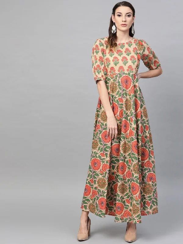 Women's  Beige & Orange Printed Maxi Dress - AKS