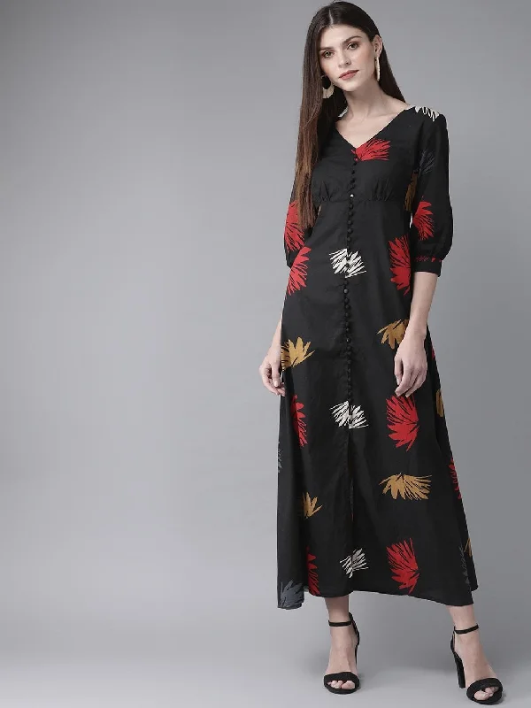 Women's  Black & Red Printed Maxi Dress - AKS