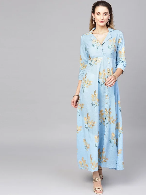 Women's  Blue & Golden Printed Maxi Dress - AKS