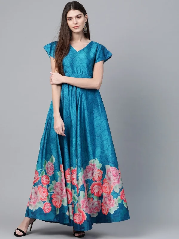 Women's  Blue & Pink Floral Digital Printed Maxi Dress - AKS