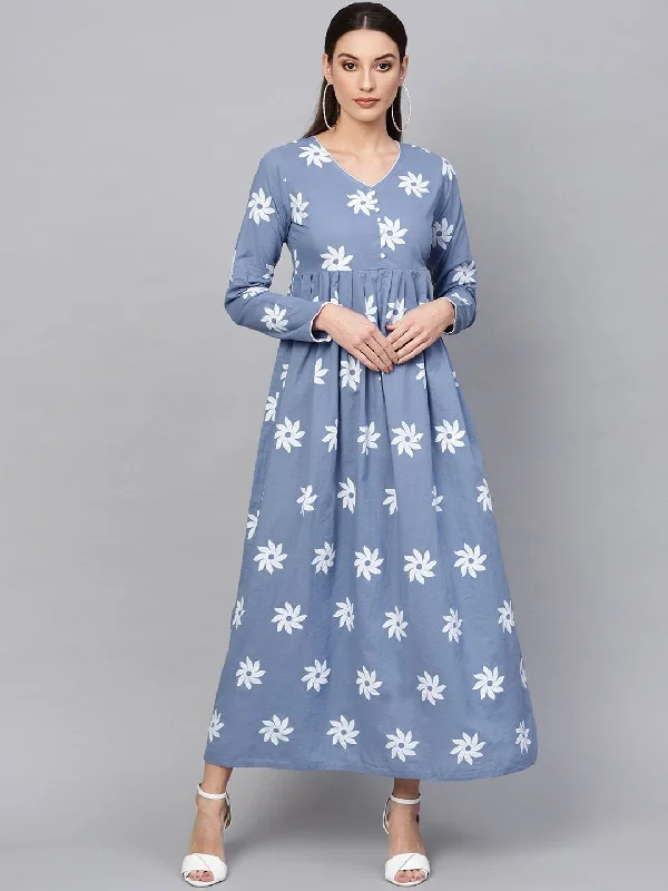 Women's  Blue & White Floral Khari Print Maxi Dress - AKS