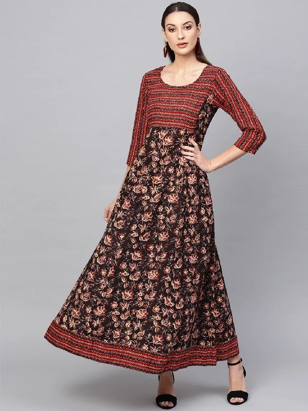 Women's  Brown & Beige Printed Maxi Dress - AKS