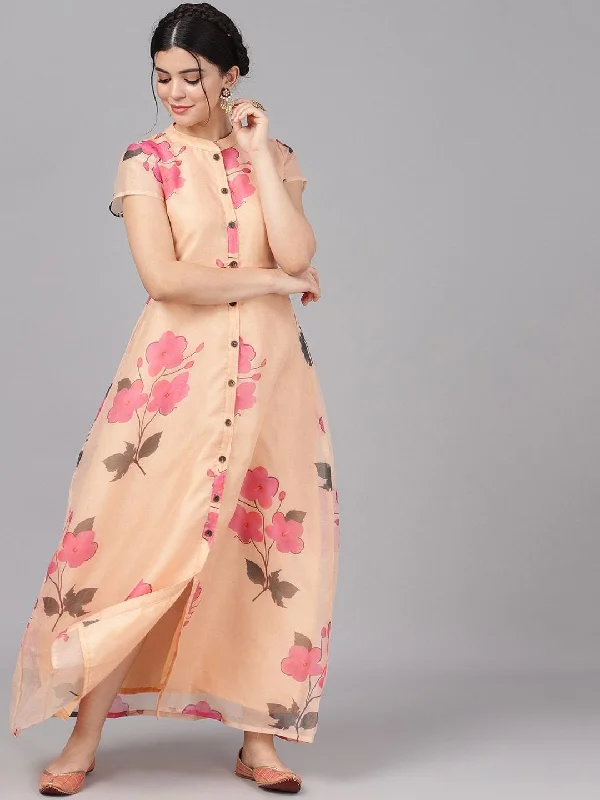 Women's  Cream-Coloured Printed Maxi Dress - AKS