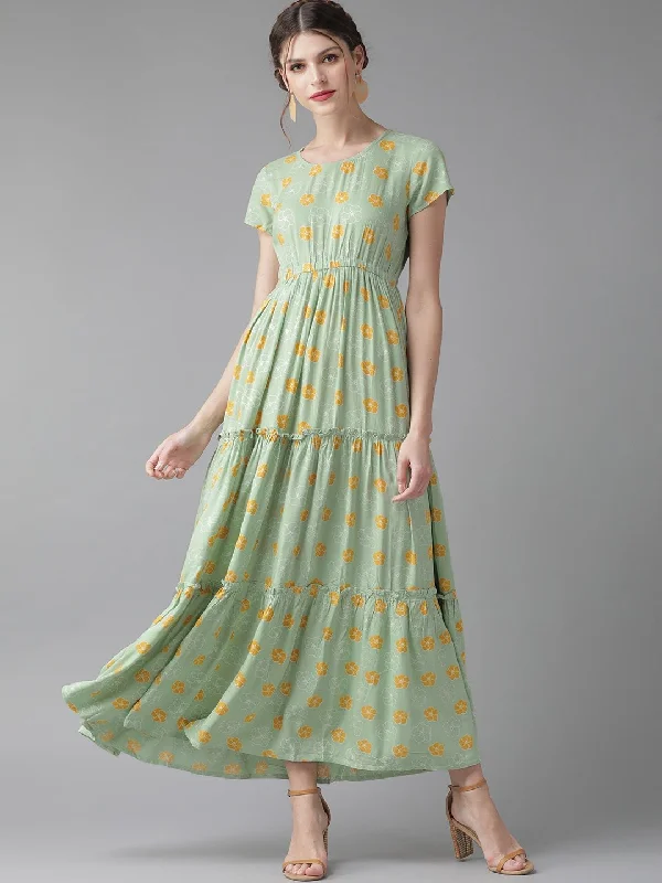 Women's  Green & Mustard Yellow Printed Tiered Maxi Dress - AKS