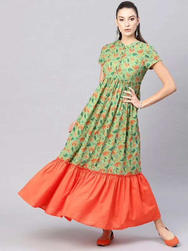 Women's  Green & Orange Floral Printed Maxi Dress - AKS