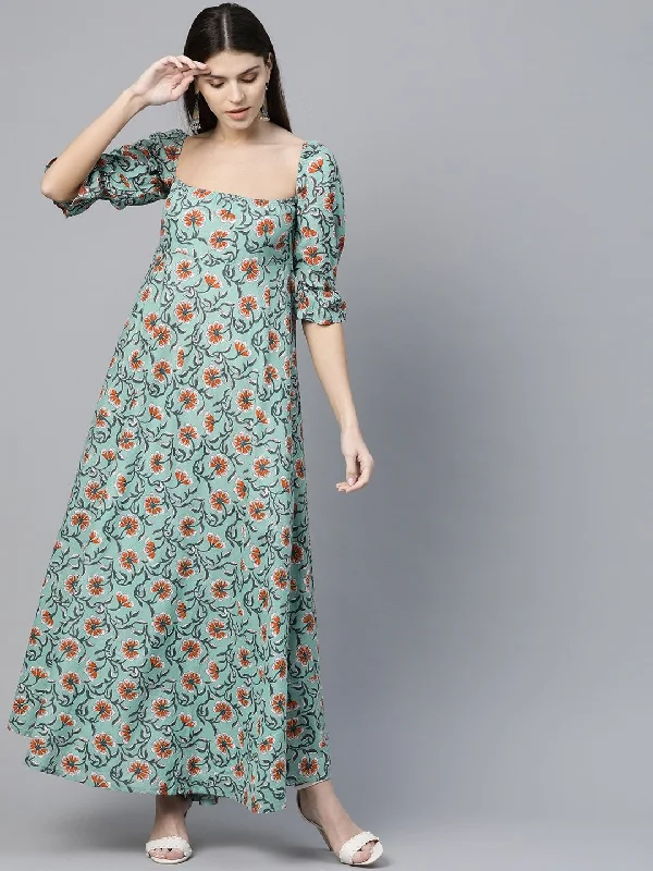 Women's  Green & Orange Printed Maxi Dress - AKS