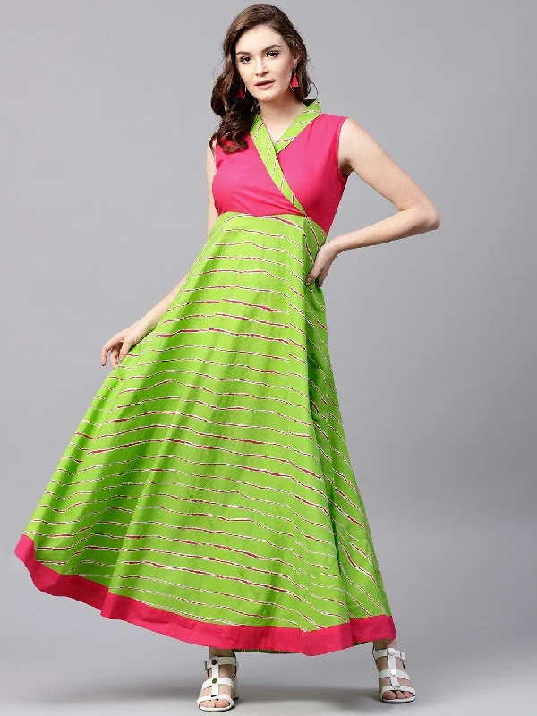 Women's  Green & Pink Striped Maxi Dress - AKS