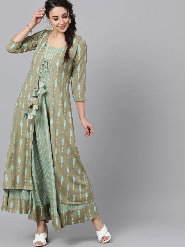 Women's  Green Printed Layered Maxi Dress - AKS