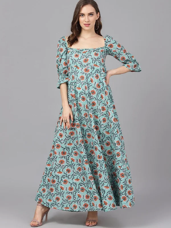 Women's  Green Printed Maxi Dress - AKS